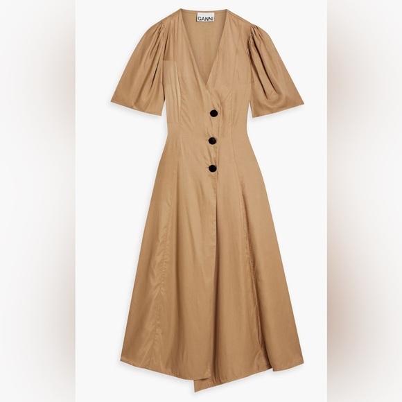 Tan Twill pleated Puff Sleeve Midi Dress SZ 8/38 NWT 🔥✨✨✨ - Picture 1 of 3